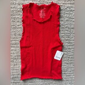 Women’s Red Ribbed Tank Top with Lettuce-Edge Trim